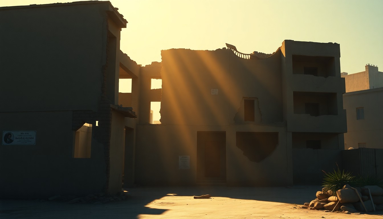 A serene, cinematic painting depicting a dilapidated, war-damaged building in Gaza, with warm sunlight casting long shadows across the scene, conveying a sense of melancholy and the challenges of rebuilding after conflict.