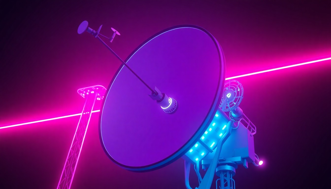 A highly detailed, glowing 3D illustration of a futuristic satellite dish and antenna array, emitting neon cyan and magenta lights to represent the complex infrastructure powering in-flight connectivity. The image conceptually illustrates the rapidly changing technology behind in-flight connectivity services.