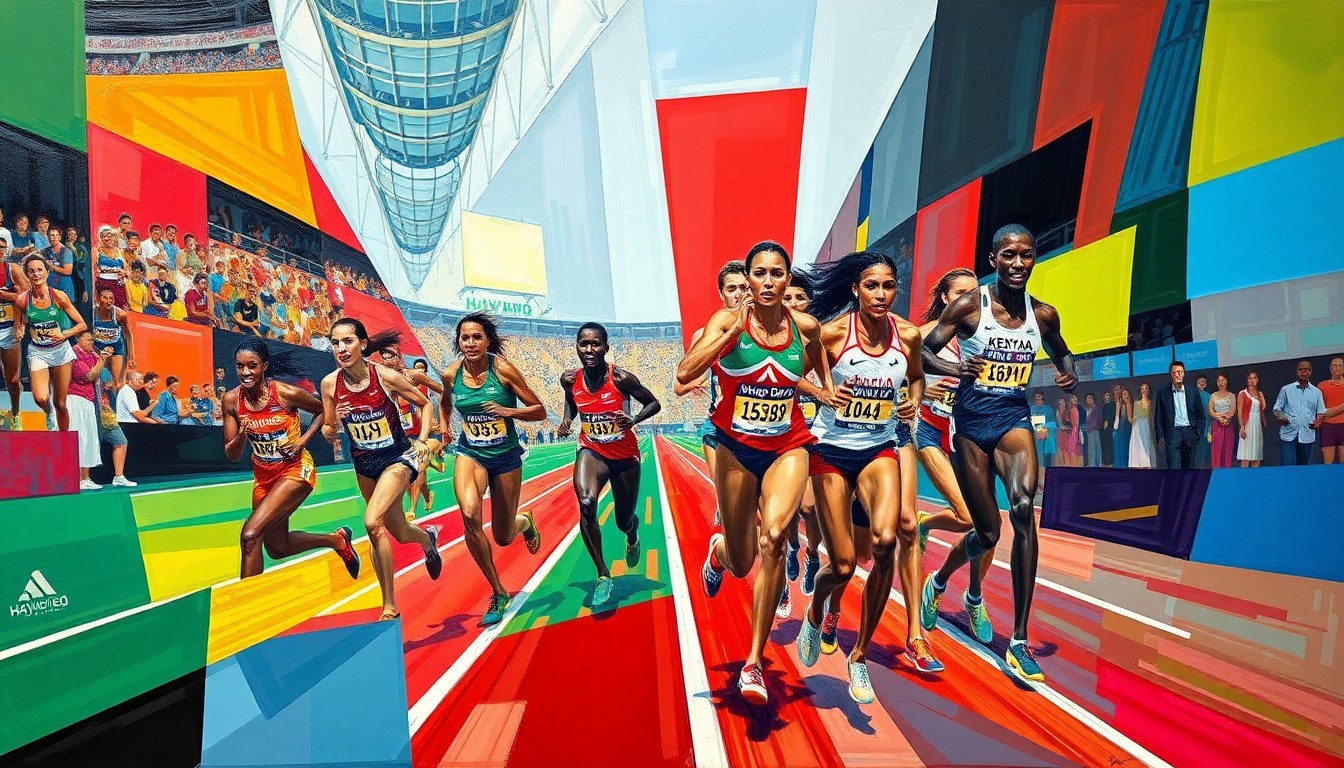 A cubist, geometric painting depicting the dynamic motion and energy of a women's mile race, with overlapping planes of bright colors representing the Kenyan and American national teams.