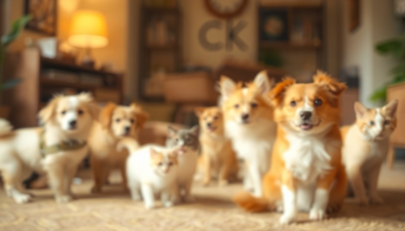 An abstract, impressionistic photograph showing the blurred silhouettes of several dogs and cats in a warm, cozy indoor setting, their forms merging into soft pools of light and color.