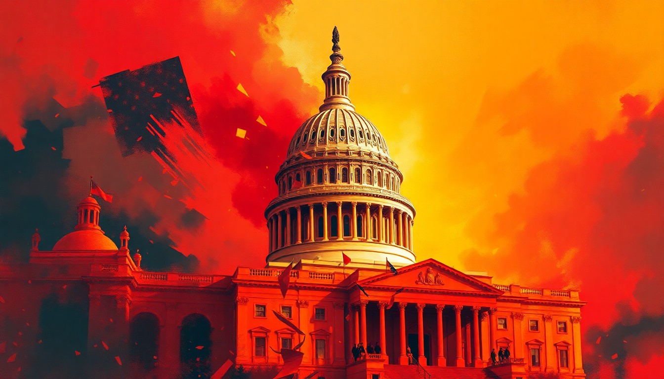 A vibrant, abstract painting featuring the US Capitol building in a state of fragmentation, with overlapping geometric shapes and waves of warm colors, conveying a sense of political upheaval and uncertainty.