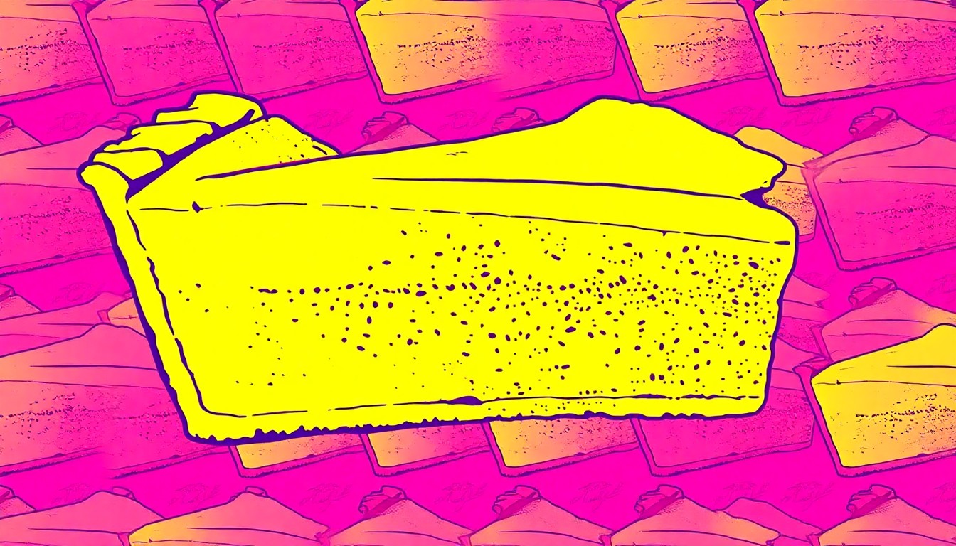 A brightly colored, high-contrast silkscreen print of a single, iconic Derby Pie slice repeated in a tight grid pattern, utilizing flat, vibrant, and unnatural neon color palettes overlapping with heavy black photographic outlines to turn the classic dessert into modern pop art.