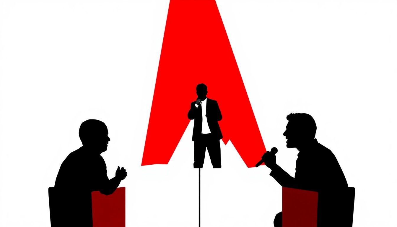 An abstract, minimalist illustration featuring bold, jagged shapes and high-contrast colors, conceptually representing a stand-up comedy performance.