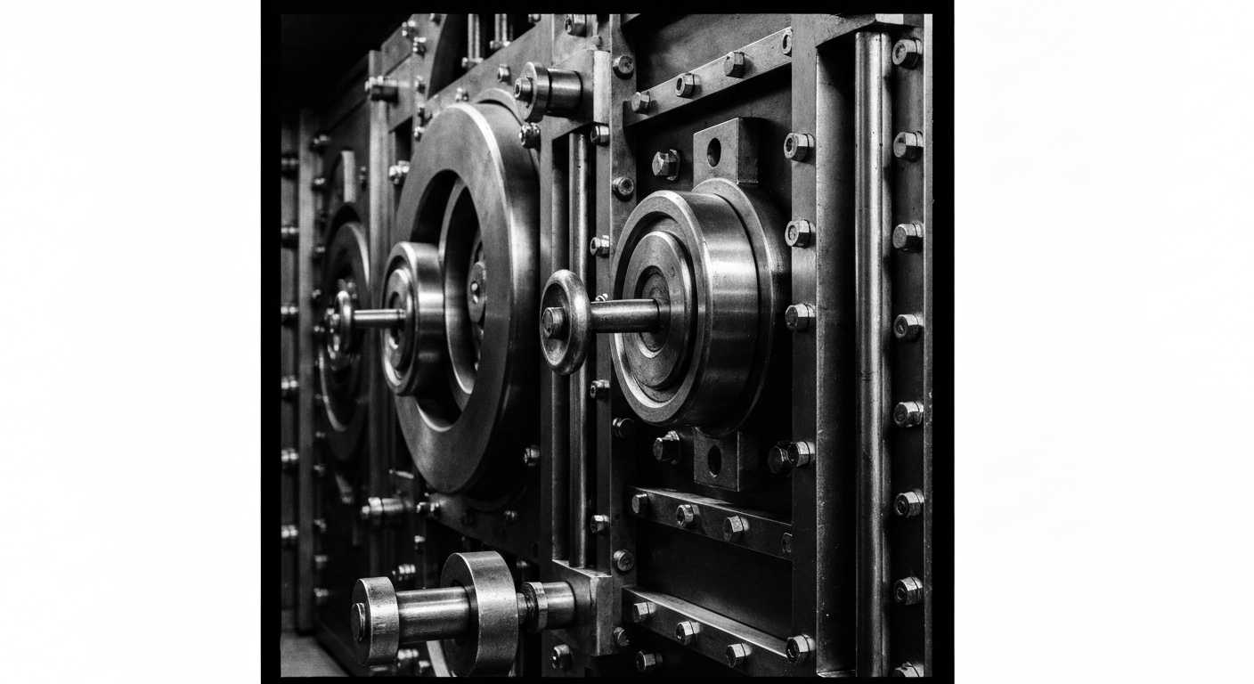 A high-contrast black and white close-up image of heavy, industrial banking machinery and vault mechanisms, conveying the secure, institutional nature of financial services without using literal currency or charts.