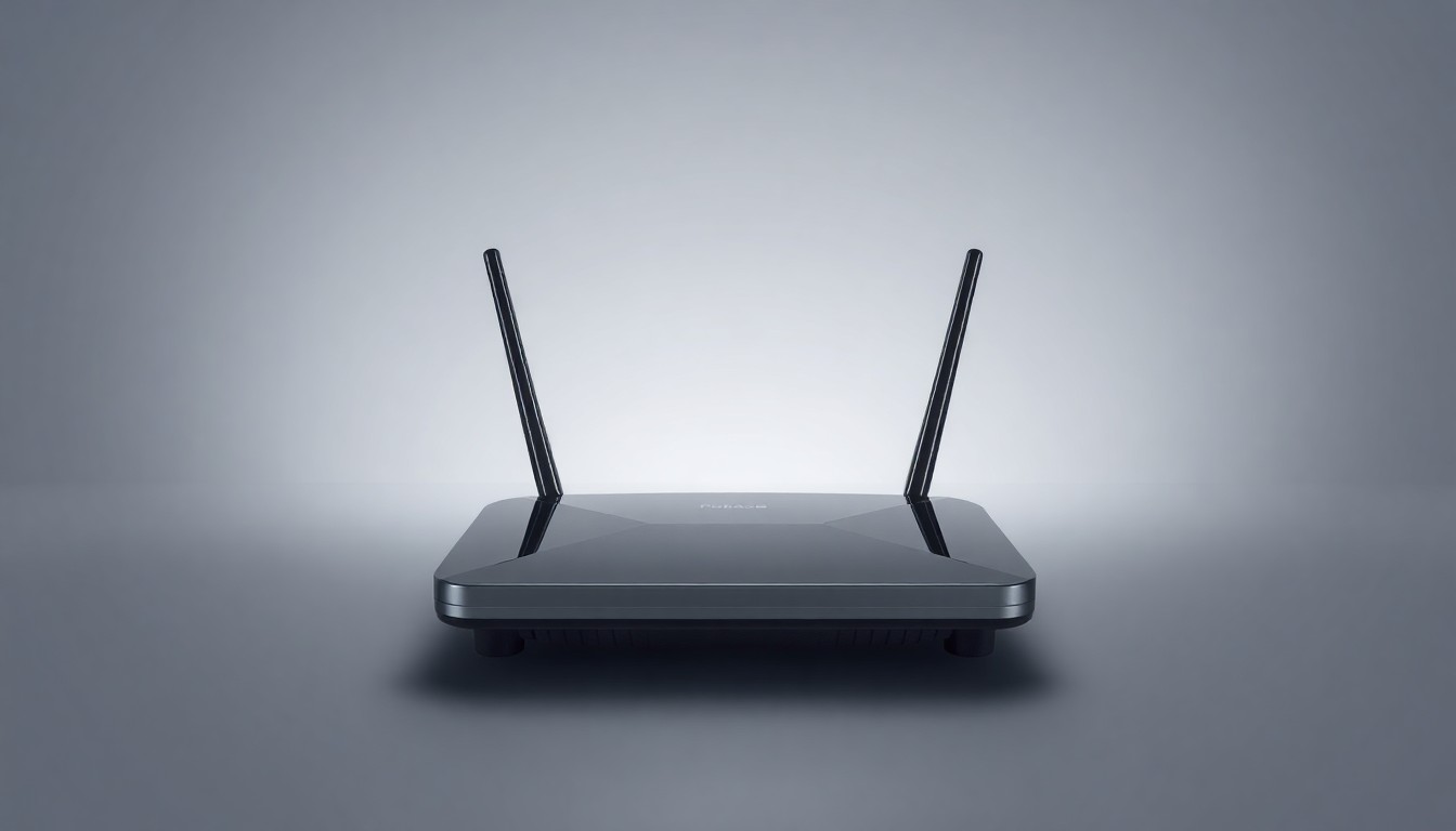 A high-end, photorealistic studio still-life photograph of a sleek, modern wireless router or antenna device made of polished metal and glass, floating on a clean, monochromatic background and illuminated with dramatic studio lighting and deep shadows.