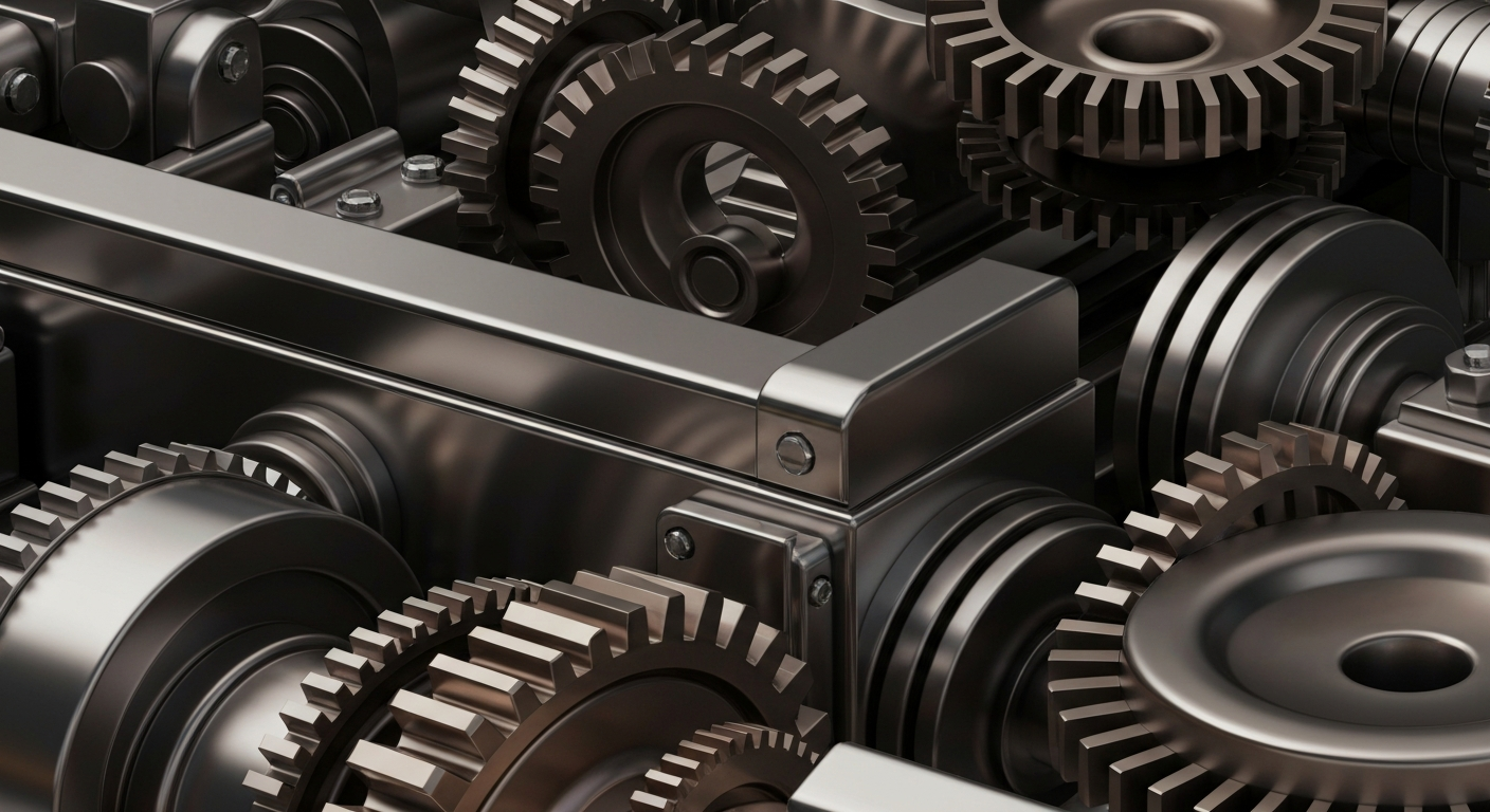 An extreme close-up of intricately detailed, heavy industrial banking equipment and mechanisms, conveying a sense of the secure, powerful infrastructure underlying the financial sector.