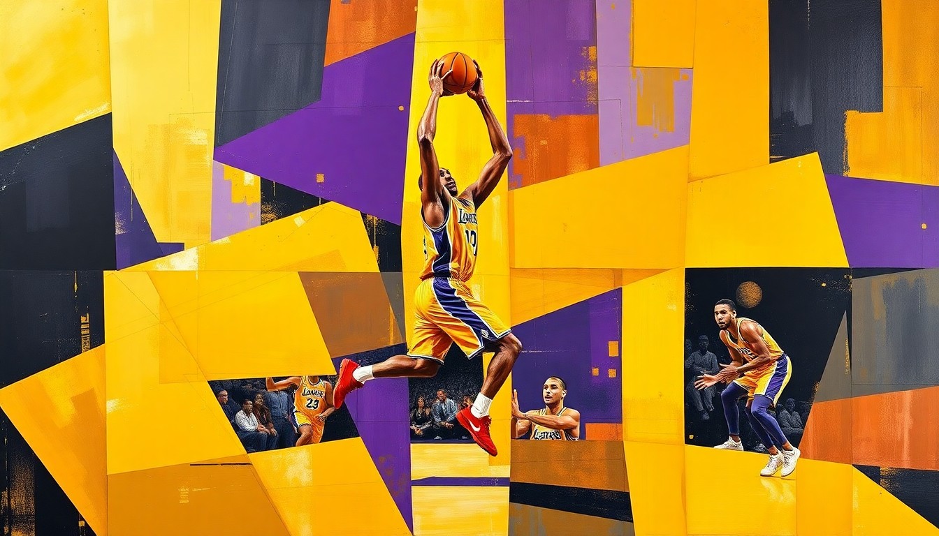 A cubist-style painting featuring overlapping geometric shapes and planes in Lakers colors, conceptually representing the physical demands on an NBA player like LeBron James.