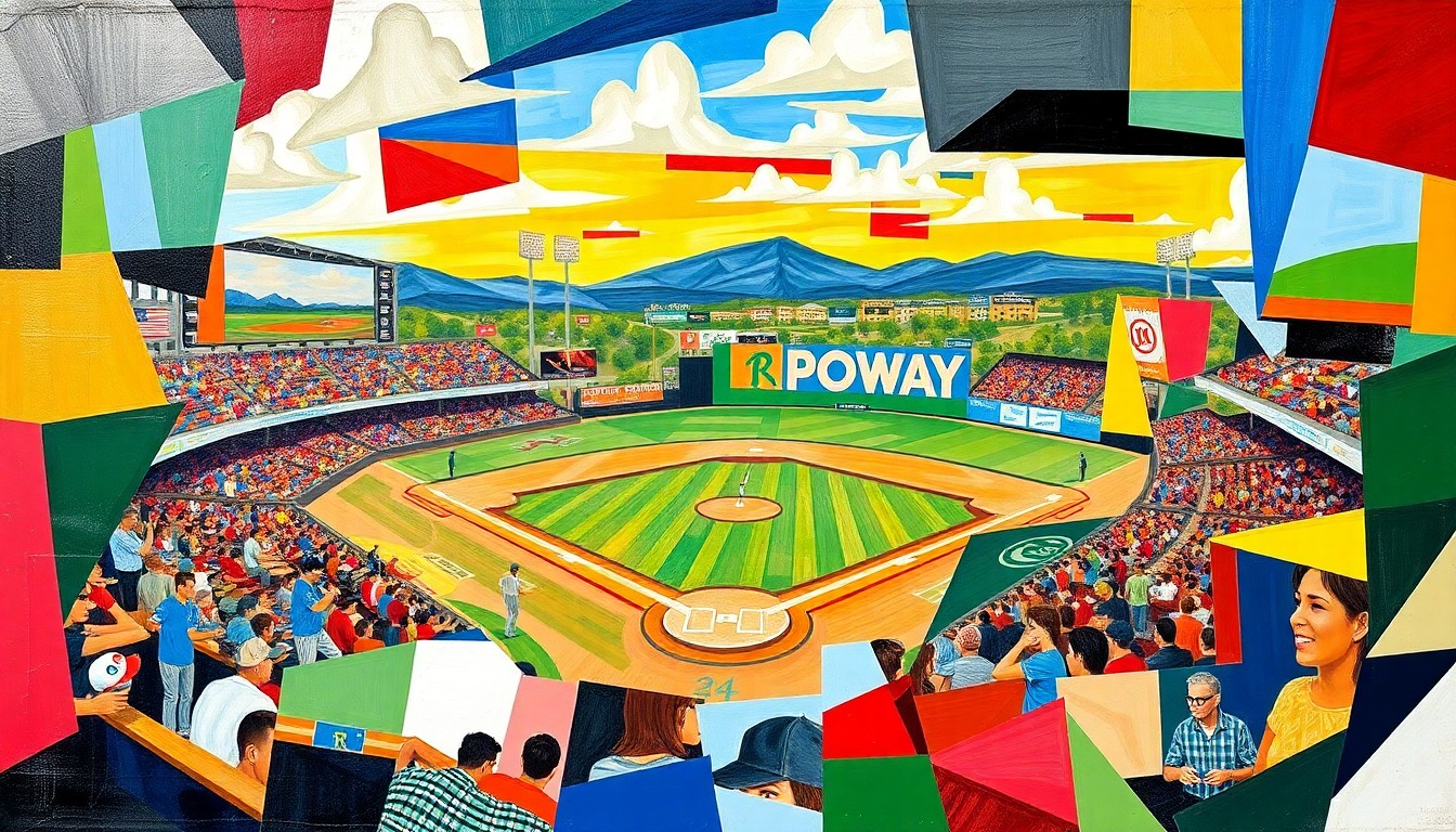 A cubist-style painting featuring overlapping geometric shapes and planes in bright colors, representing the energy and action of a high school baseball game.