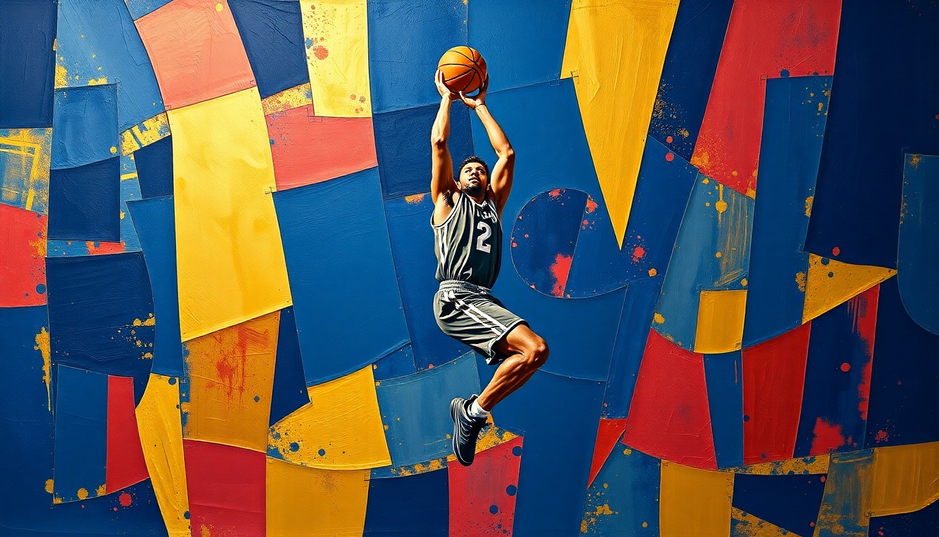 A fractured, cubist-style painting depicting the geometric deconstruction of a basketball player's jump shot, with sharp, overlapping planes in navy, gold, and crimson red, conveying the disruption and uncertainty caused by Felesi's decision to reopen his recruitment.