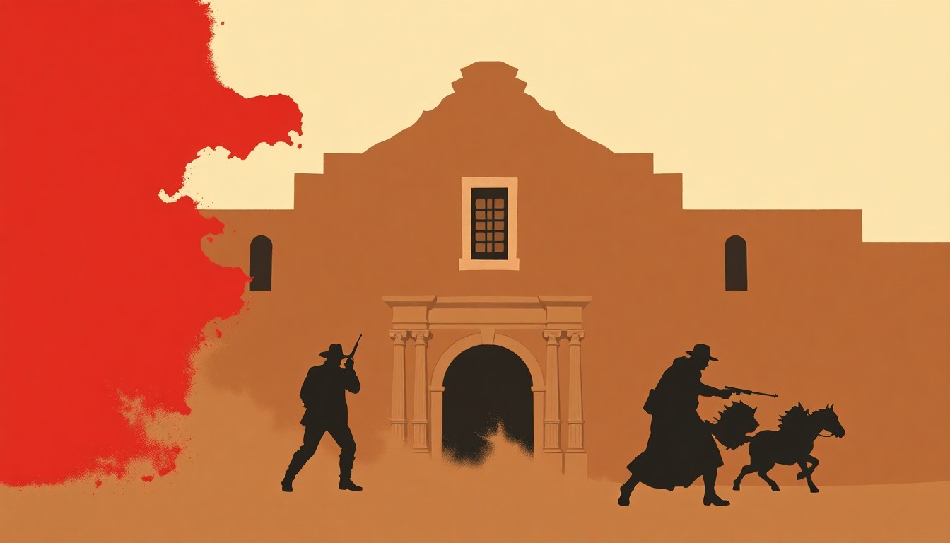 An abstract, minimalist illustration featuring stark, jagged geometric shapes and heavy black silhouettes, conceptually representing the dramatic and heroic Battle of the Alamo.