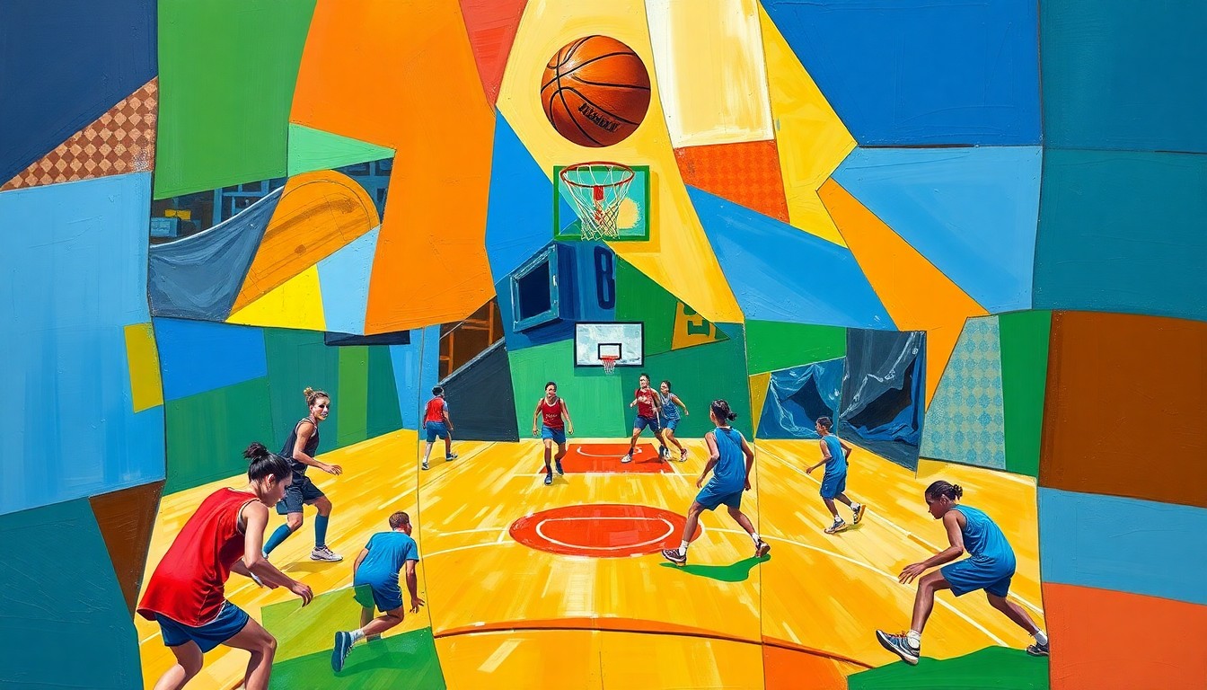 A cubist, geometric painting depicting a girls' basketball clinic, with overlapping planes of bright blue, green, and orange shapes representing the various activities and movements of the participants.