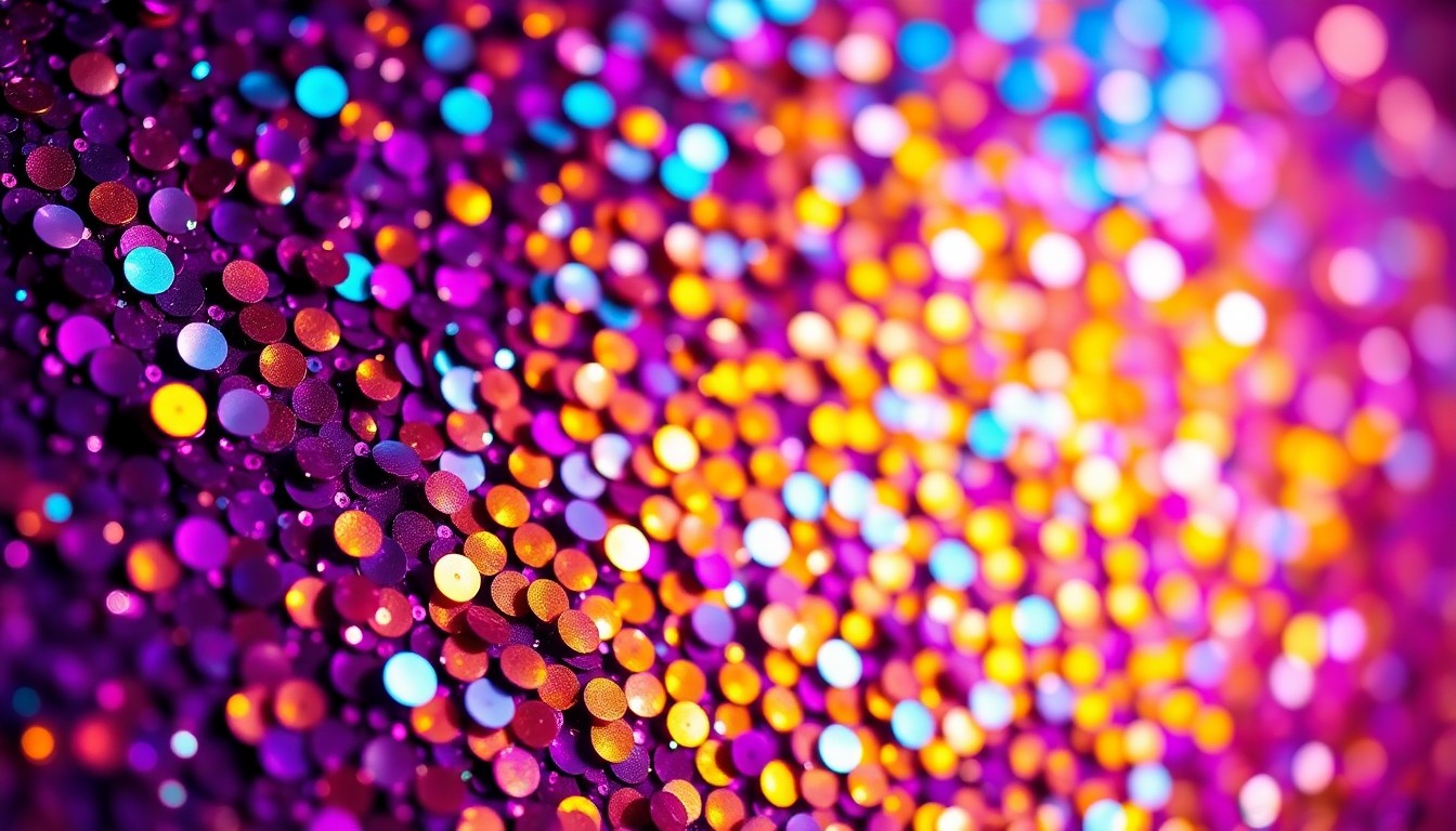 An extreme close-up photograph of glistening, glittering sequins in a kaleidoscope of deep purple, shimmering gold, and electric blue, creating an abstract, high-fashion glamour texture that evokes the sultry, uninhibited energy of adult entertainment.