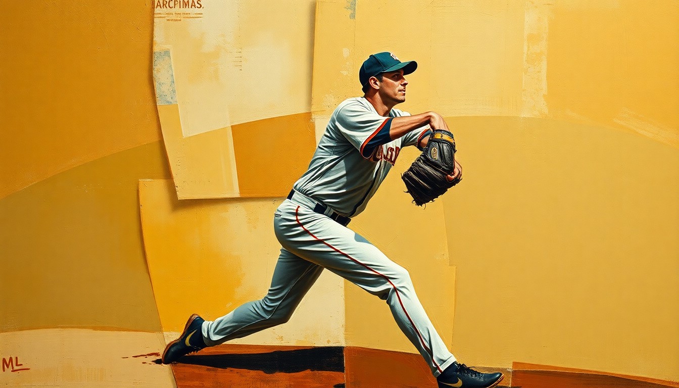 A fragmented, geometric painting depicting a baseball pitcher's motion broken down into sharp, overlapping planes of muted, earthy colors, conveying the disjointed nature of the pitcher's early-season struggles.