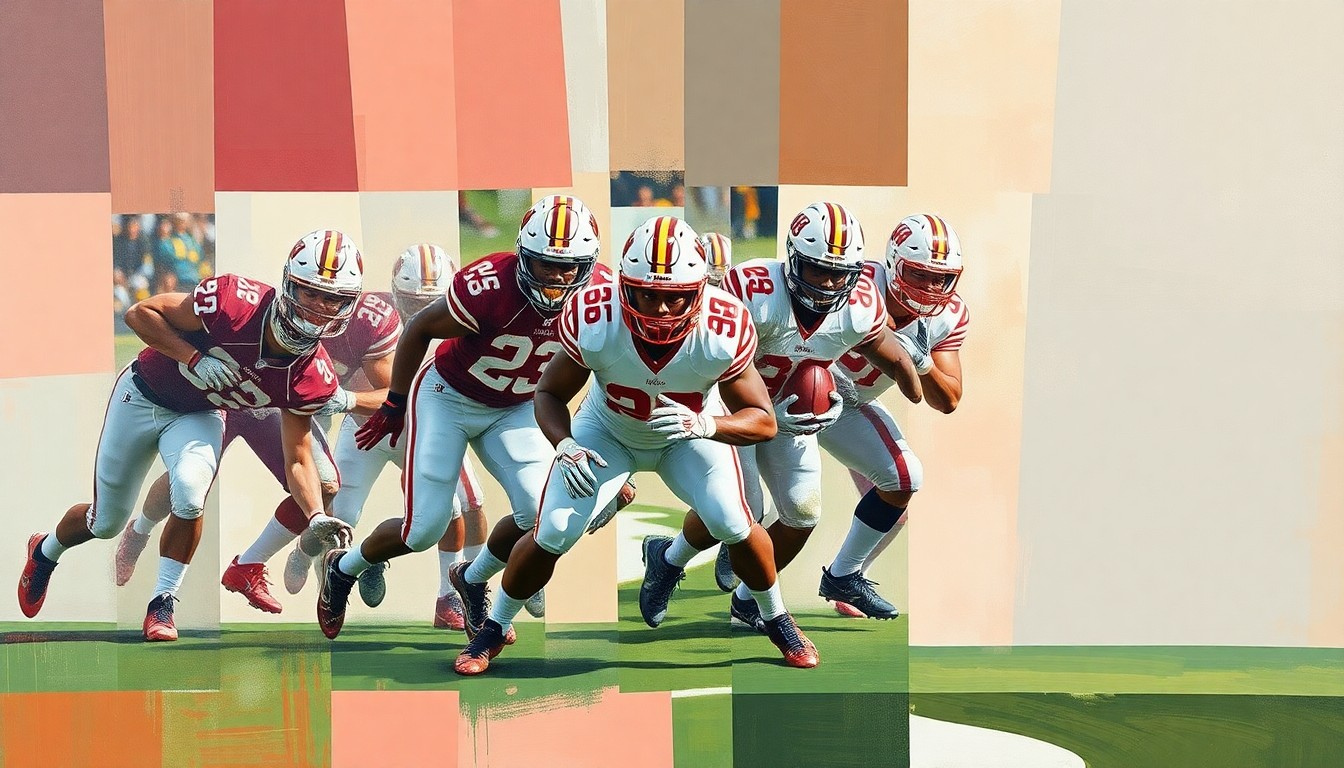 A cubist-style painting depicting an Iowa State football offensive line in action, with the players and field broken down into sharp, overlapping geometric shapes and planes in a variety of earth-toned colors.