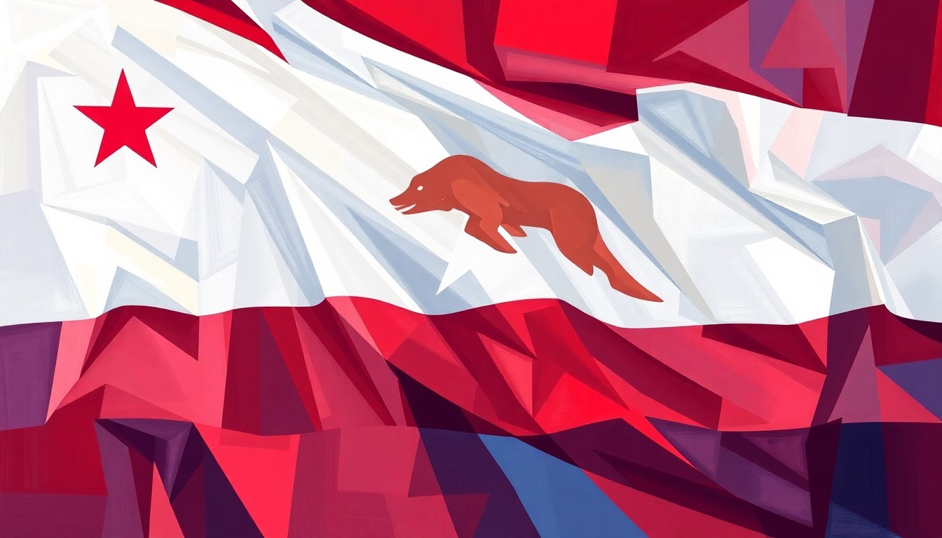 A dynamic, abstract painting featuring overlapping, fractured geometric shapes in shades of red, white, and blue, conceptually representing the turbulence and uncertainty surrounding the California governor's race.