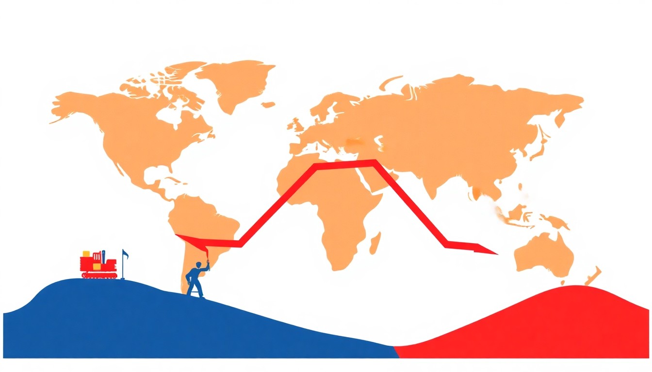 An abstract geometric composition of interlocking triangles and circles in shades of blue, red, and yellow, conceptually representing the volatility and interconnectedness of the global oil market.