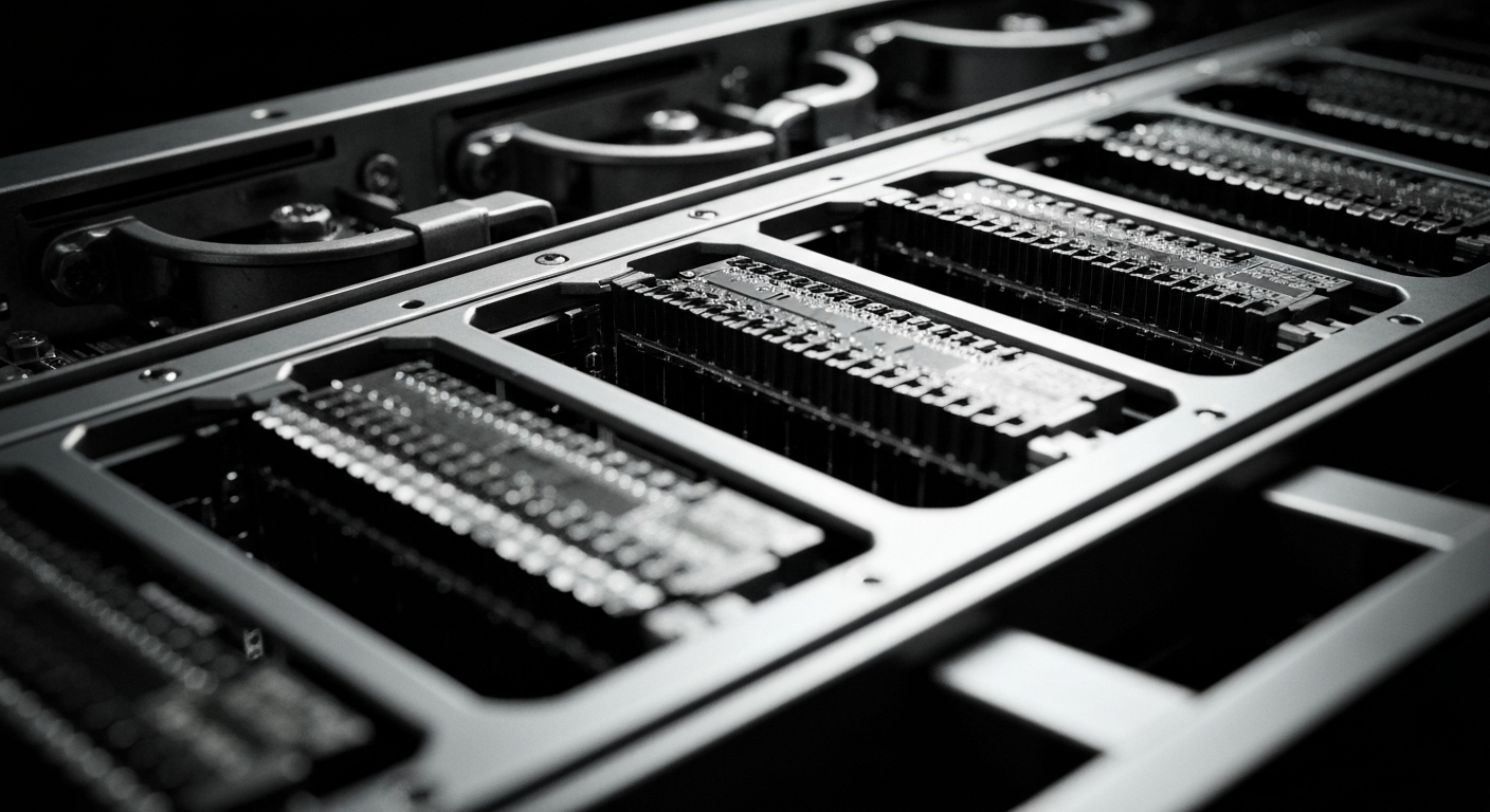A close-up view of the intricate inner workings and machinery of a high-performance network switch or router, rendered in a gritty, high-contrast industrial style with dramatic lighting and shadows, conveying a sense of power and technological complexity.