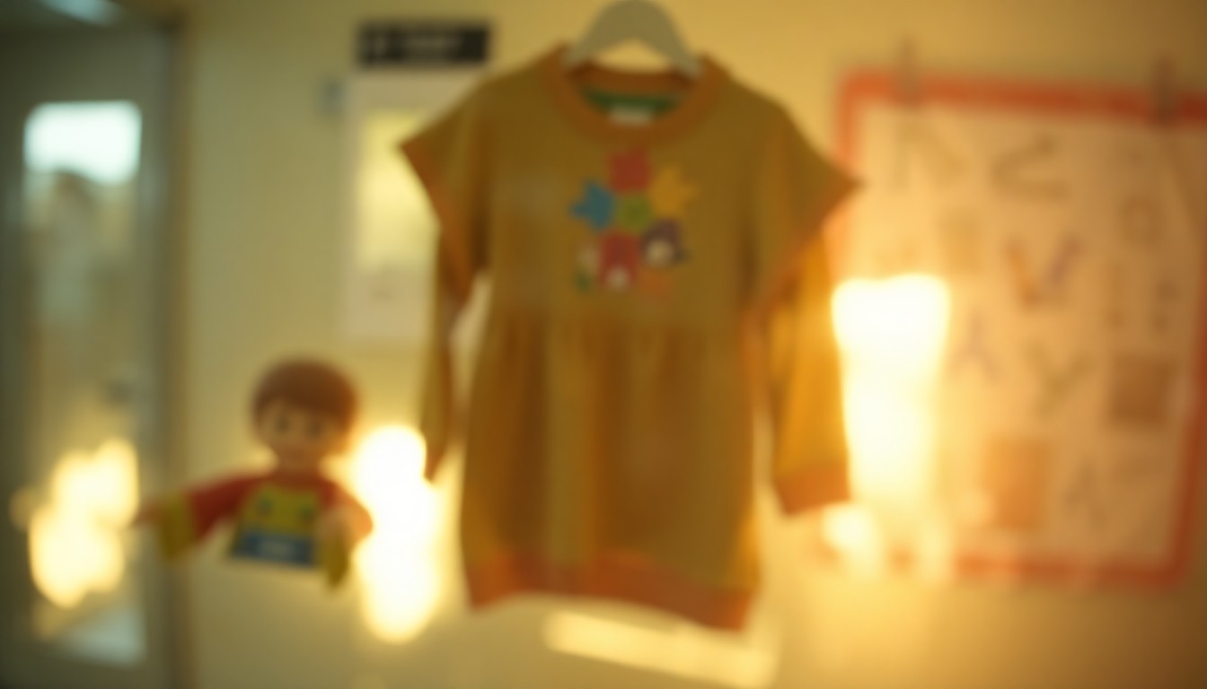 An abstract, out-of-focus photograph in warm, hazy tones depicting the soft, blurred outlines of a child's toy, clothing, and school artwork floating in pools of light, conveying the emotional weight of letting go of cherished memories.