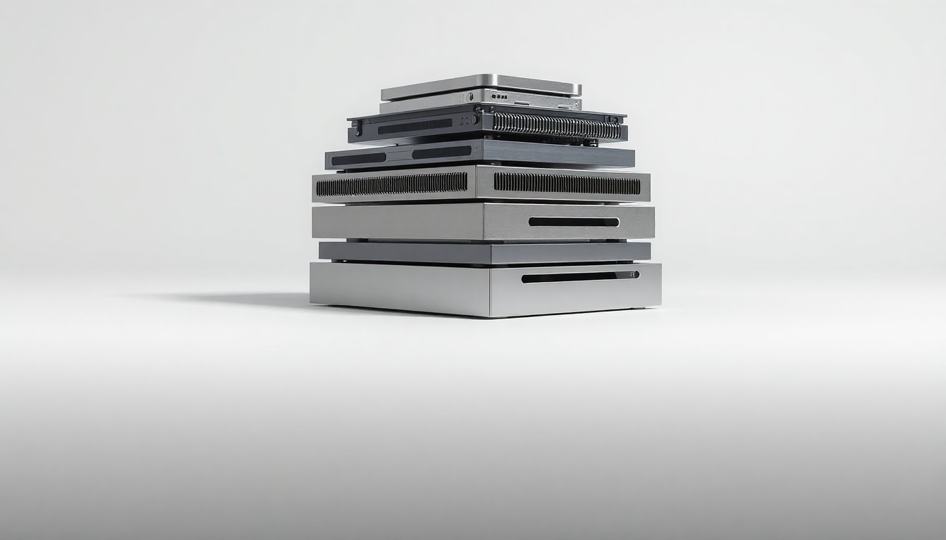 A high-end, photorealistic studio still-life photograph featuring a stack of shiny, metallic computer hardware components in various geometric shapes, arranged elegantly on a clean, monochromatic seamless background, conceptually representing Nutanix's corporate strategy and financial stability.
