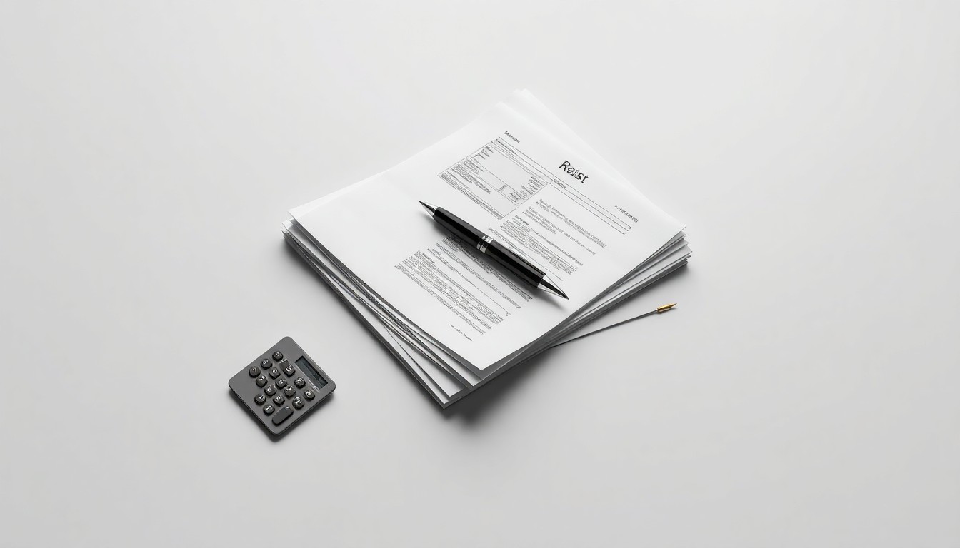 A minimalist studio still life photograph featuring a stack of financial reports, a calculator, and a pen arranged elegantly on a clean, monochromatic background, conceptually representing the abstract concepts of corporate finance and strategy.