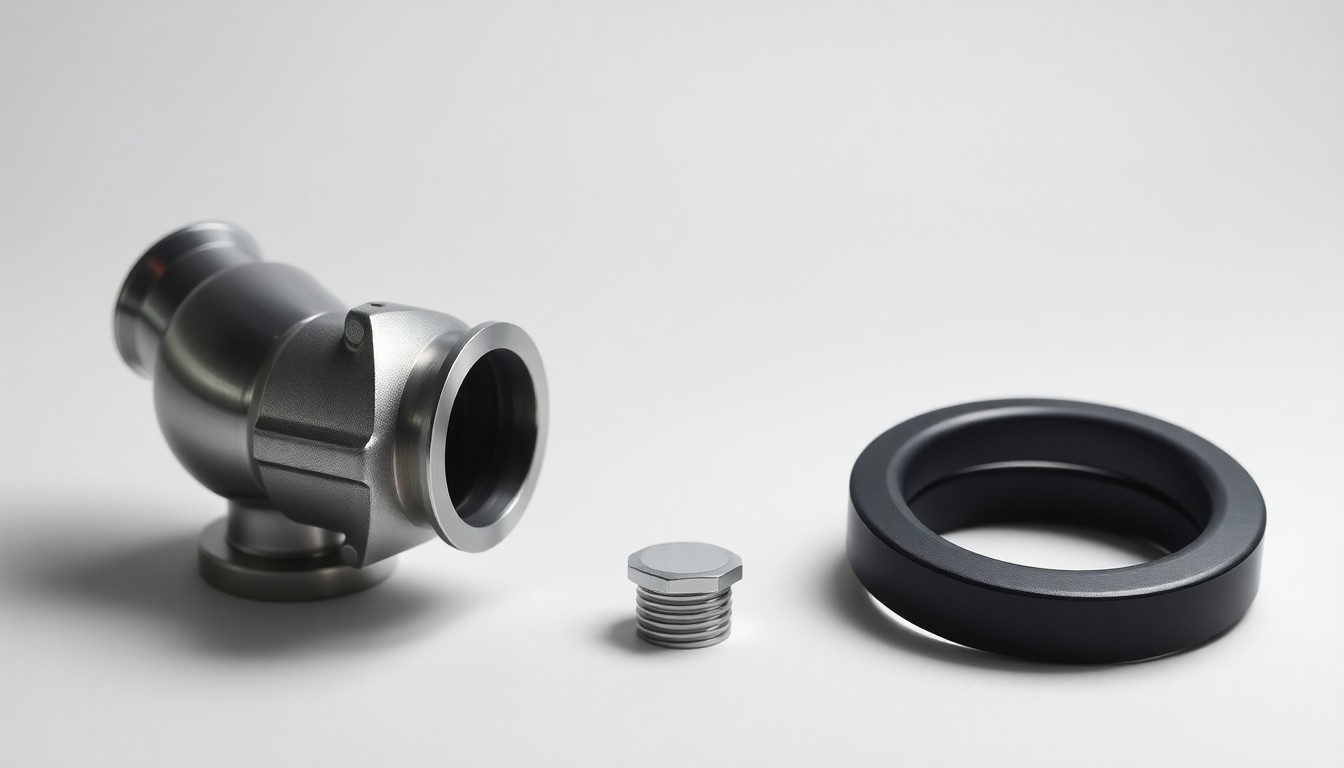 A photorealistic studio still life featuring polished metal pipe fittings and valves arranged elegantly on a clean white background, conceptually representing the technical innovation and precision of the subsea energy industry.