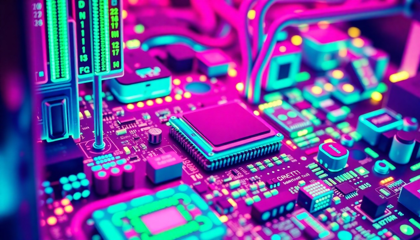 A highly detailed, glowing 3D macro illustration of the internal components and circuitry of a powerful quantum computing system, with recognizable physical elements like superconducting qubits and interconnected chiplets illuminated in a vibrant neon color palette, conveying the advanced, high-tech nature of this quantum computing breakthrough.