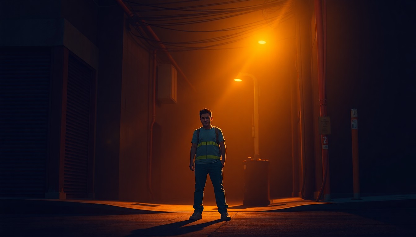A moody, cinematic painting of a solitary immigrant worker standing alone on a dimly lit urban street corner, conveying a sense of unease and uncertainty through the use of warm, diagonal lighting and deep shadows.