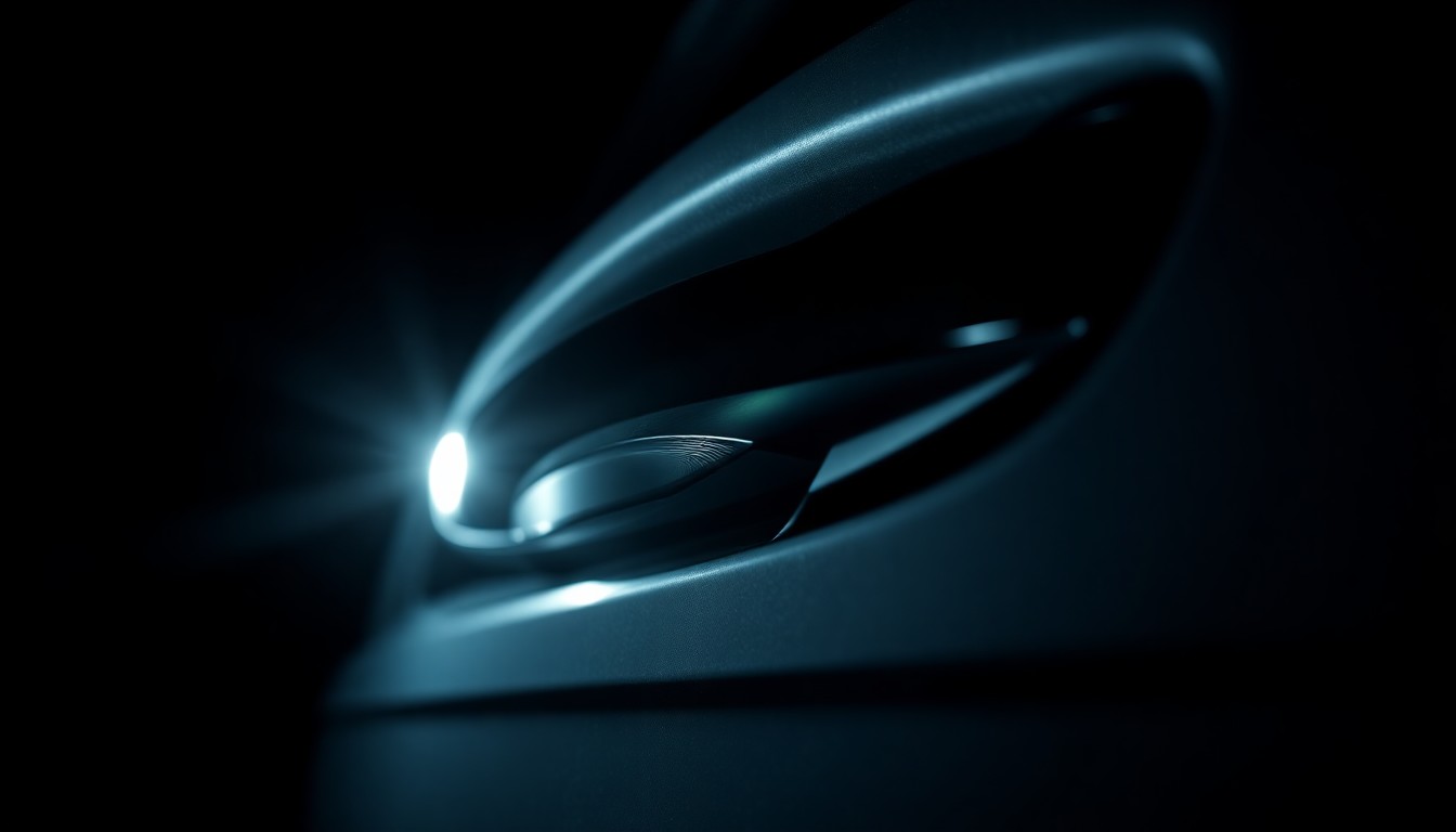 An extreme close-up photograph of a car door handle or side mirror, lit by a harsh, direct camera flash against a pitch-black background, conceptually illustrating the investigation into a series of entering-auto incidents.