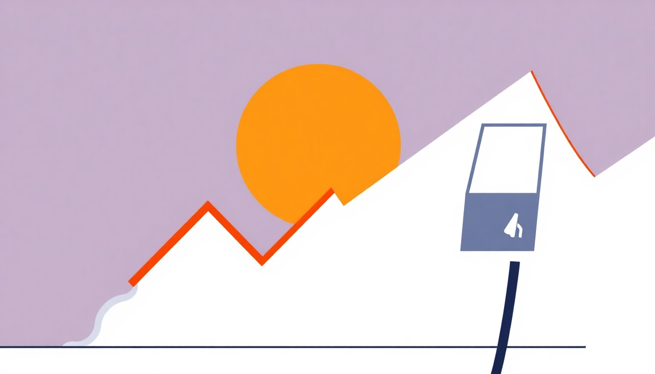 A geometric abstract illustration featuring overlapping triangles and circles in shades of blue, green, and red, conceptually representing the volatility and relief of changing gas prices in Champaign County.