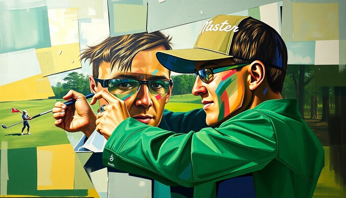 A fractured, cubist-style painting depicting Scottie Scheffler's journey from watching the Masters as a high school fan to winning the tournament twice, with overlapping geometric shapes and planes representing his evolution as a golfer.