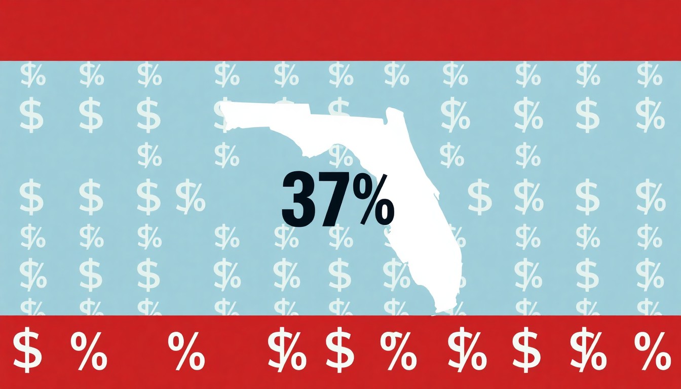 A minimalist composition of bold geometric shapes in primary colors, with a repeating pattern of dollar signs and percentage symbols, conceptually representing the high cost of rent in Florida and the burden it places on residents' budgets.