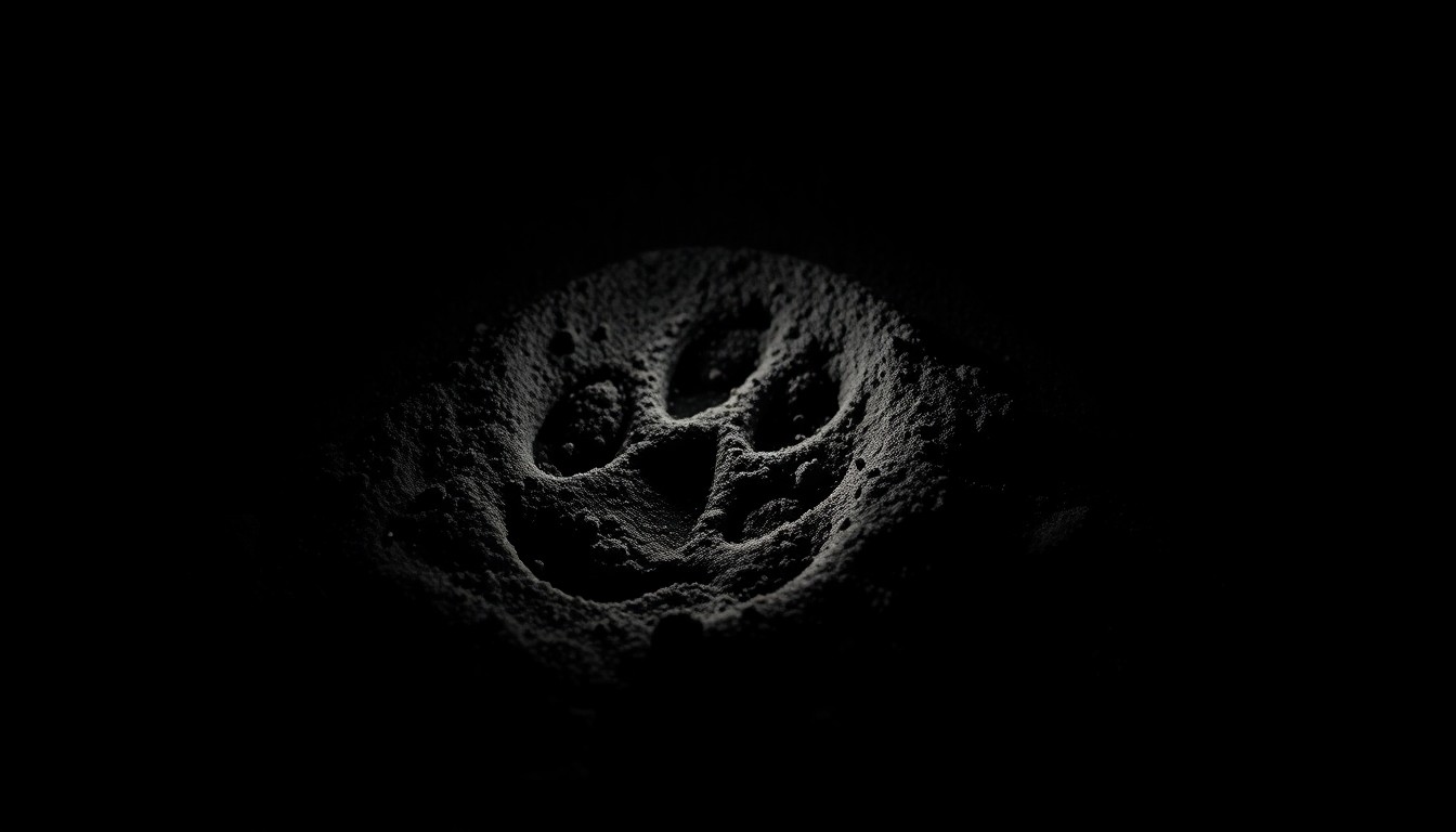 An extreme close-up photograph of a dog's paw print in the dirt, lit by a harsh, direct camera flash against a pitch-black background, conceptually representing the aftermath of a violent dog attack incident.