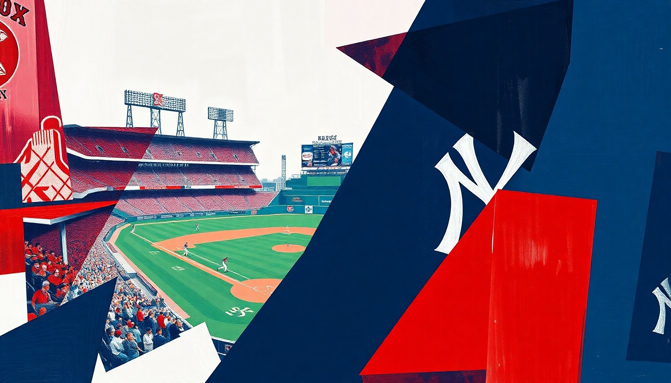 A fragmented, geometric painting depicting a baseball game in motion, with sharp, overlapping planes of red, navy blue, and white, conceptually representing the competitive tension between the Red Sox and Yankees.
