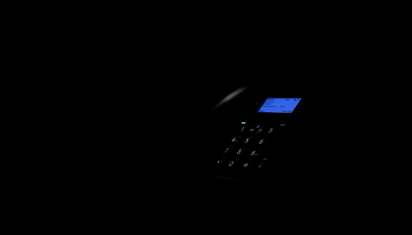 An extreme close-up photograph of a ringing desk phone, its metallic surface and buttons reflecting the harsh light of the camera flash against a pitch-black background, conveying a sense of urgency and investigation.