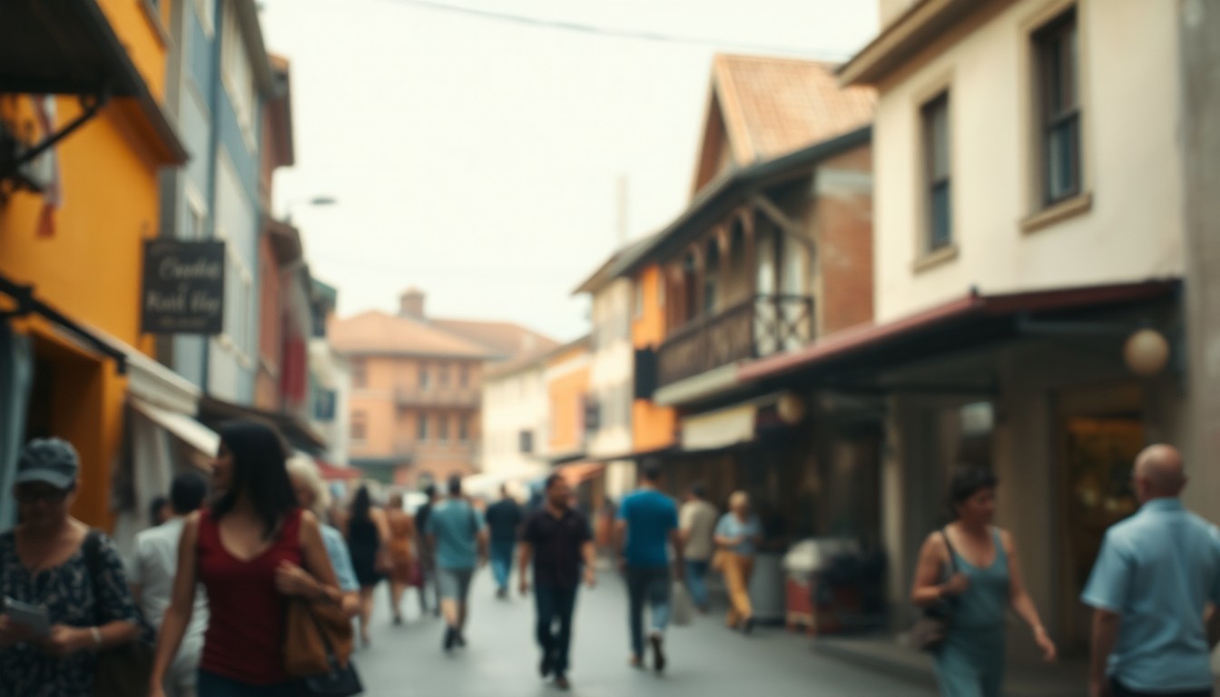 An abstract, impressionistic photograph in soft, warm tones depicting a blurred, intimate street scene in a small town, with indistinct figures and buildings in the background, conceptually representing the nostalgic feel of historical photographs.