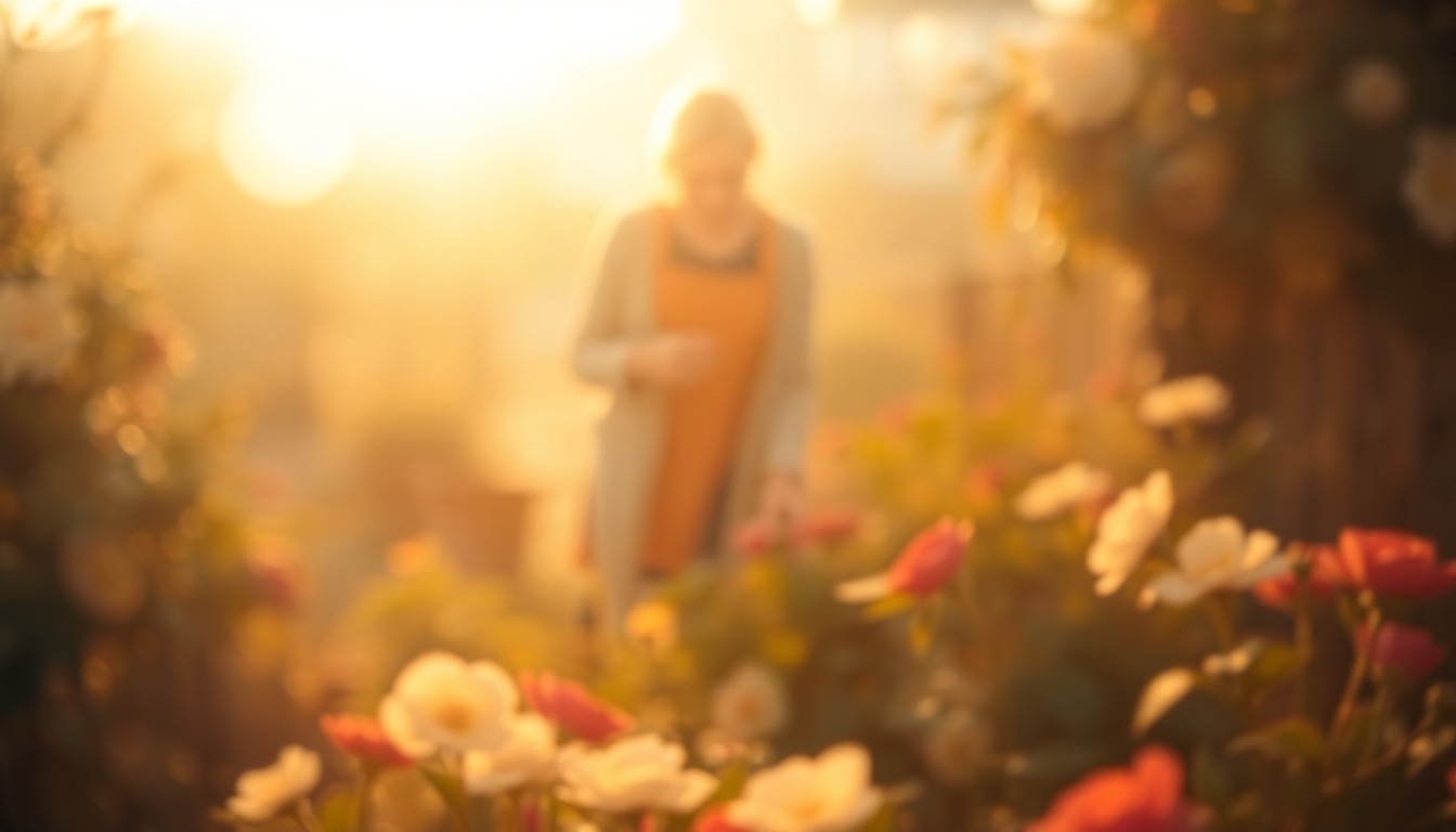 An impressionistic, out-of-focus photograph depicting a blurred scene of a person tending to a flower garden, with soft pools of warm light and color creating a dreamlike, atmospheric quality.