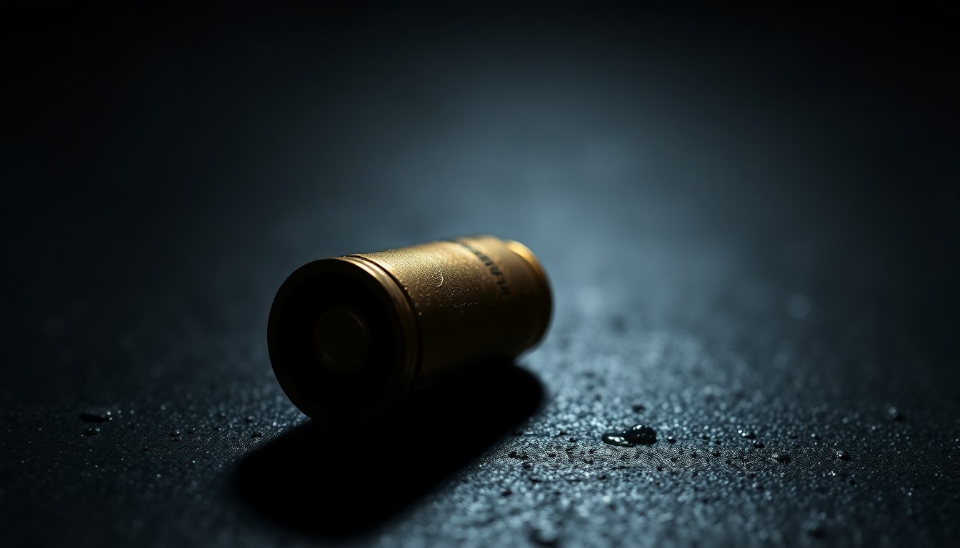 An extreme close-up photograph of a spent bullet casing on a dark, textured surface, lit by a harsh, direct camera flash, conceptually representing the stark, gritty details of a law enforcement incident.
