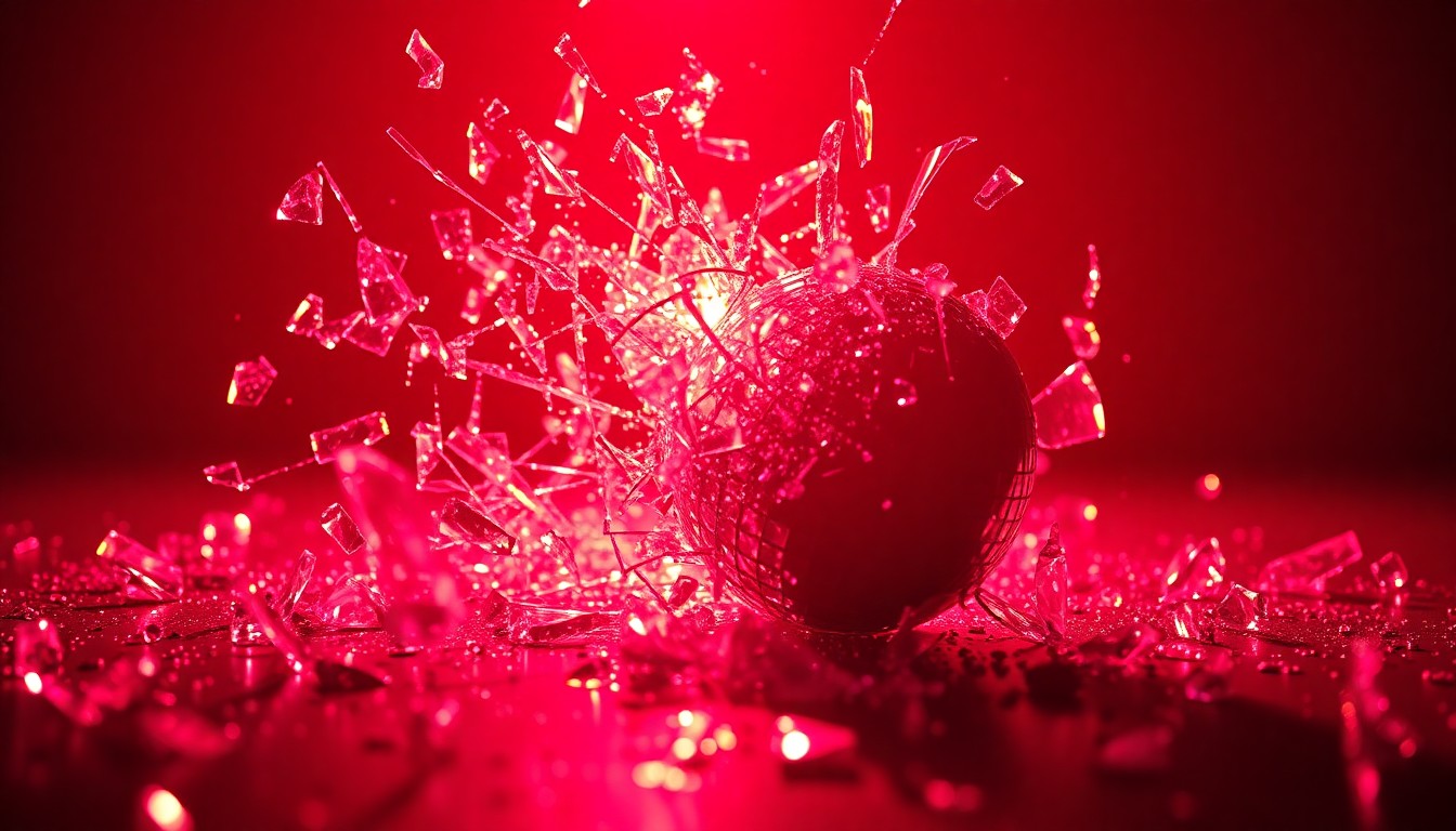 An extreme close-up of shattered glass reflecting dramatic studio lighting, conceptually representing the fragility and glamour of the entertainment industry.