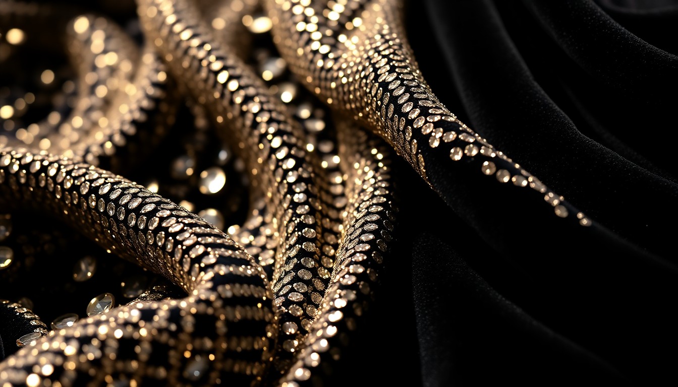 An extreme close-up photograph of shimmering, high-contrast textures like glittering sequins and plush velvet, capturing the luxurious aesthetic of a country music awards show.