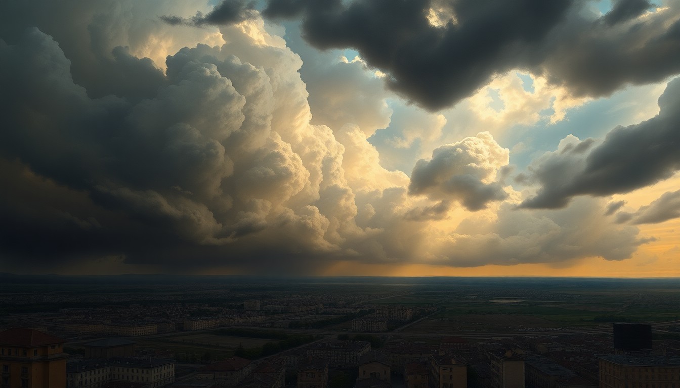 A sweeping, atmospheric landscape painting in muted tones of gray, blue, and green, depicting a stormy sky looming over the cityscape of Honolulu. The dramatic clouds and dramatic lighting convey the scale and power of the approaching weather system, dwarfing the physical structures below.