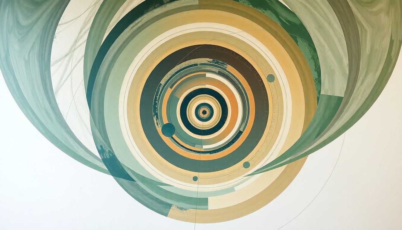 An abstract painting in the style of Hilma af Klint, featuring sweeping geometric shapes and organic forms in earthy tones, conceptually representing the interconnected digital and physical realms of a world-class science museum.