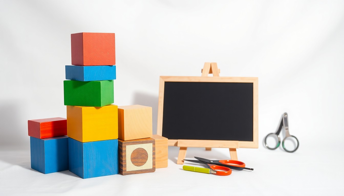A minimalist studio still life photograph featuring a stack of colorful wooden building blocks, a small chalkboard, and a pair of safety scissors, conceptually representing the tools and materials of early childhood education.