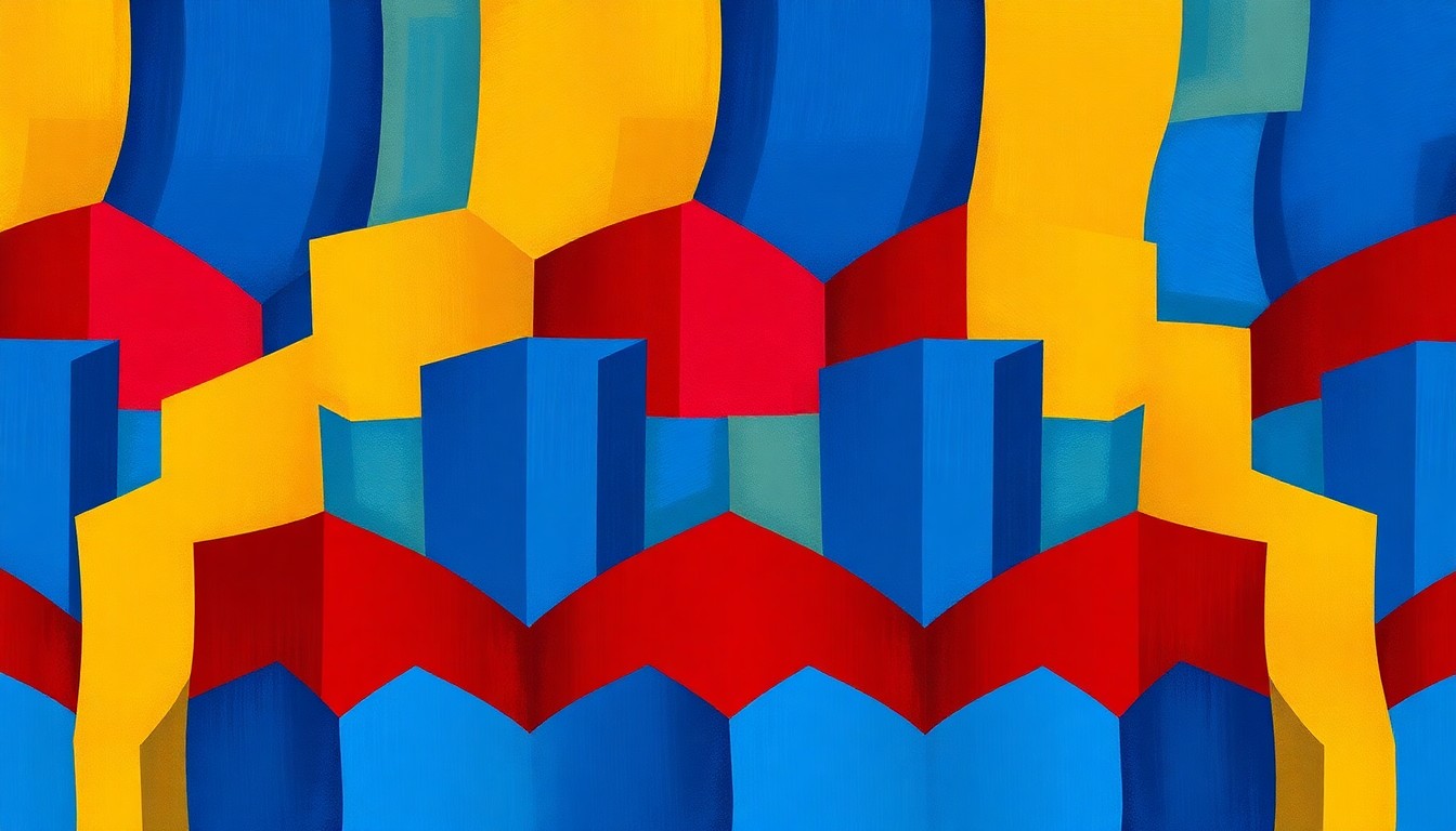 A vibrant, fractured painting of an abstract voting booth in overlapping geometric shapes and waves of deep blue, red, and gold colors, conveying the dynamic and contested nature of the Ohio secretary of state race.