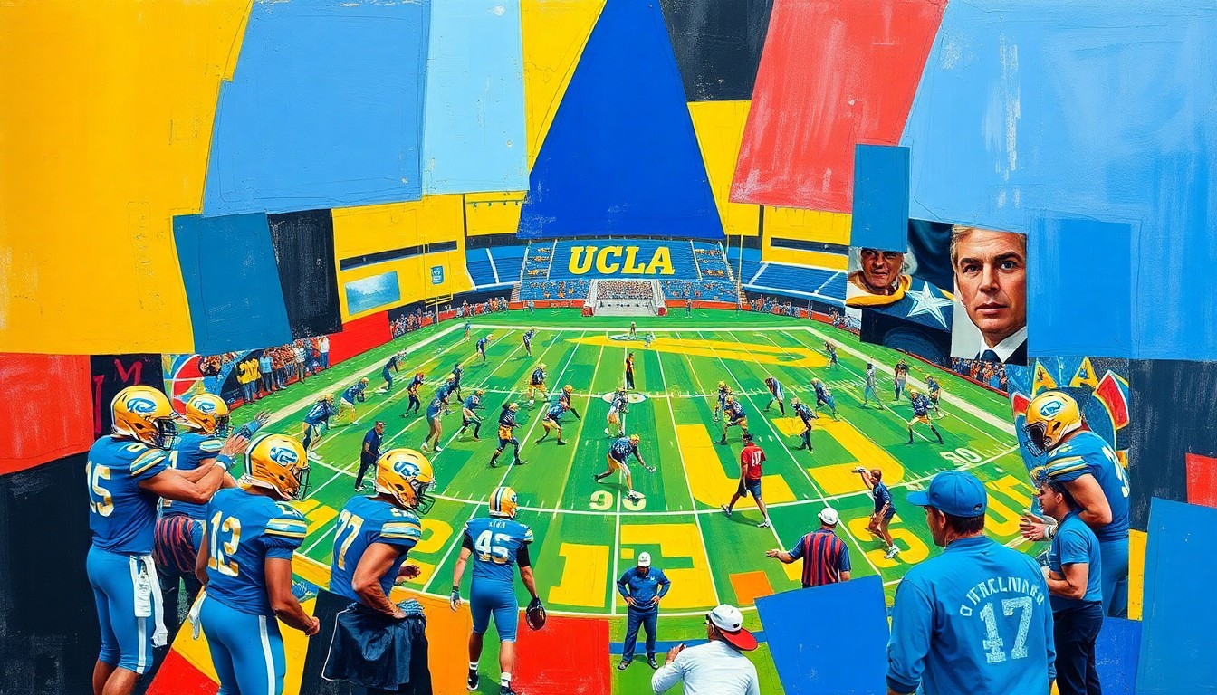 A fragmented, cubist-style painting depicting the chaotic energy of a UCLA football practice, with players, coaches, and equipment broken down into sharp, overlapping geometric shapes in a vibrant color palette.