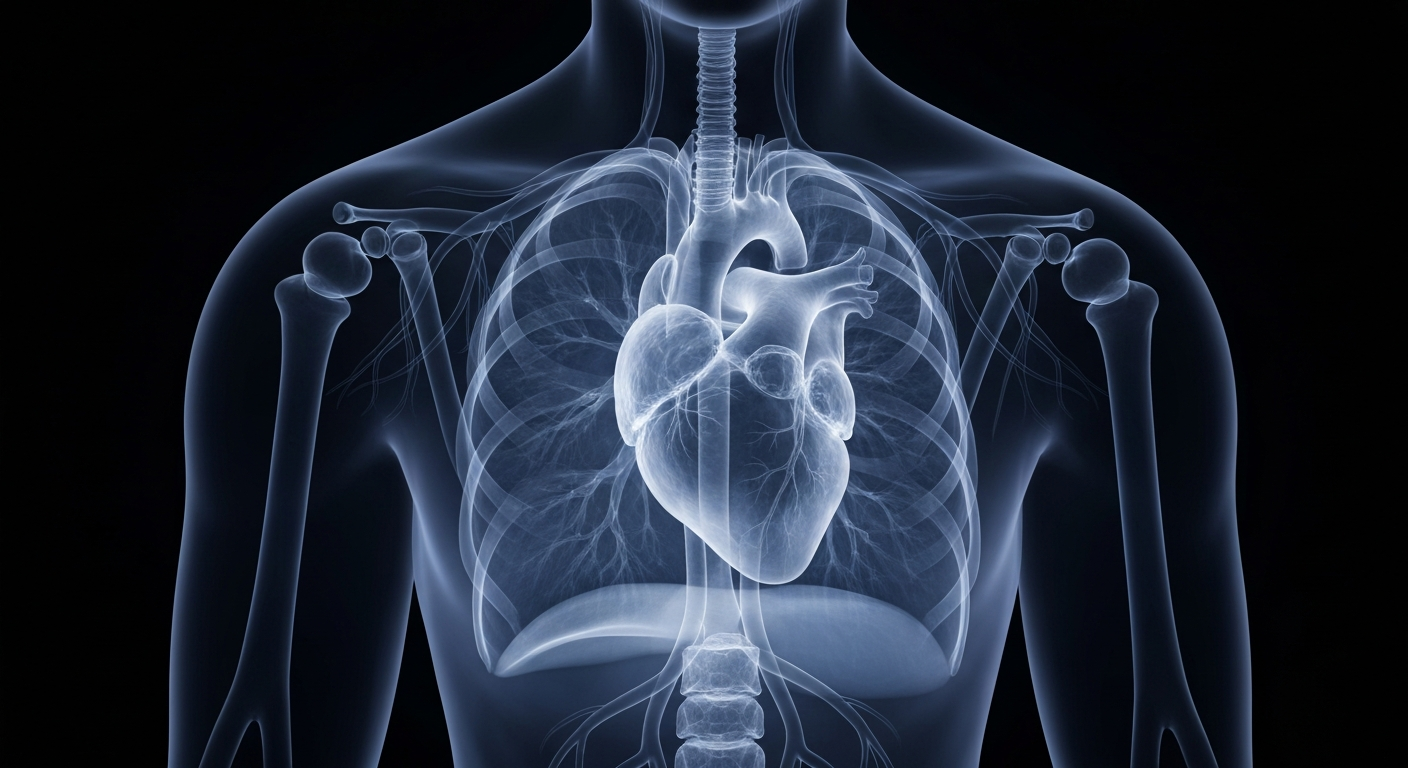 A translucent, ghostly X-ray photograph revealing the intricate structures of the human heart, lungs, and circulatory system, conveying the clinical yet essential nature of public health services.