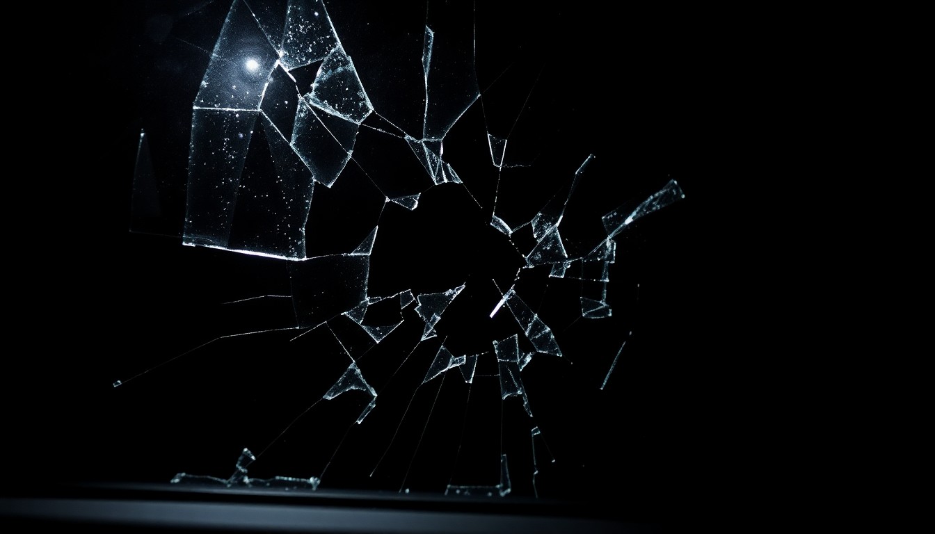 An extreme close-up photograph of shattered glass, capturing the harsh, sudden nature of the crime scene without depicting any graphic violence.