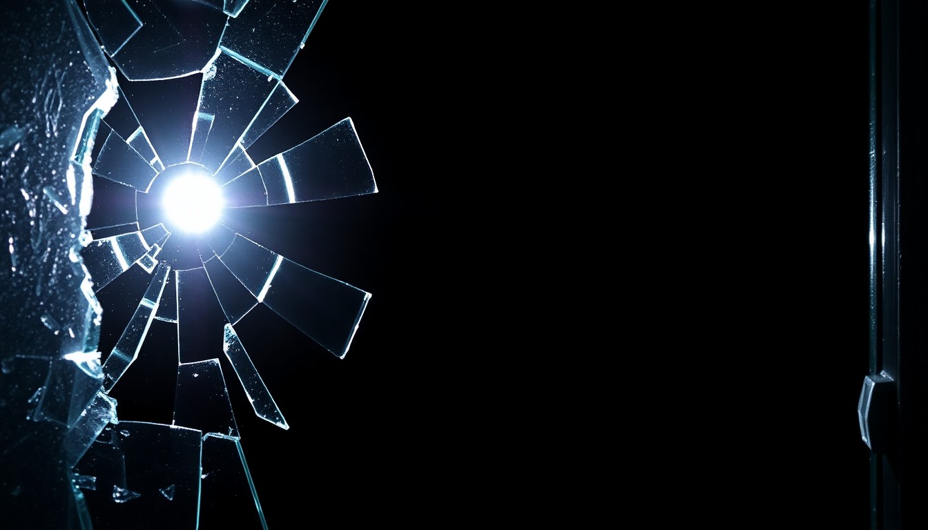 An extreme close-up of a shattered glass door frame, the jagged edges reflecting a harsh, direct camera flash against a pitch-black background, conceptually illustrating the vandalism and property damage caused by the incident.