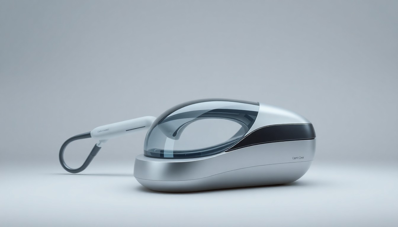 A photorealistic studio still-life image of a sleek, modern dental scanner device made of polished metal and glass, resting on a clean, monochromatic background and dramatically lit to conceptually represent the advanced technology transforming the dental industry.