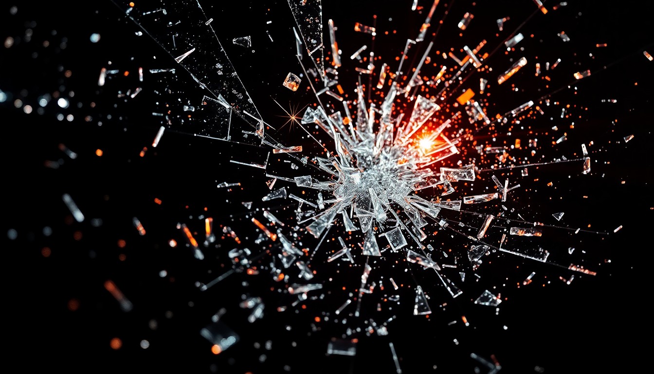 An extreme close-up photograph of shattered glass and glittering shards, capturing the dramatic aftermath of a violent incident in a high-contrast, high-fashion aesthetic.