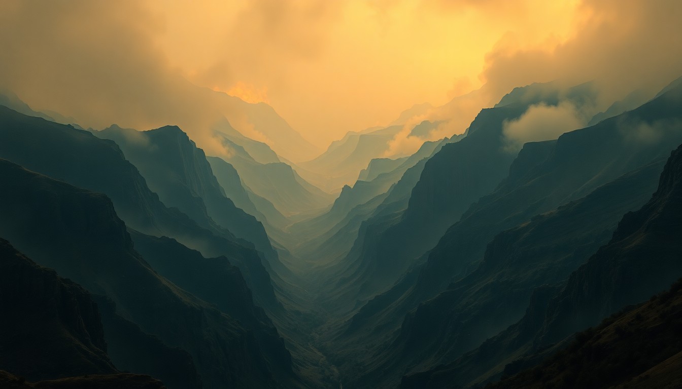 A vast, atmospheric landscape painting depicting a remote, mountainous canyon shrouded in thick smoke and haze, with only the faint outline of flames visible in the distance, conveying the overwhelming scale and power of the natural environment.